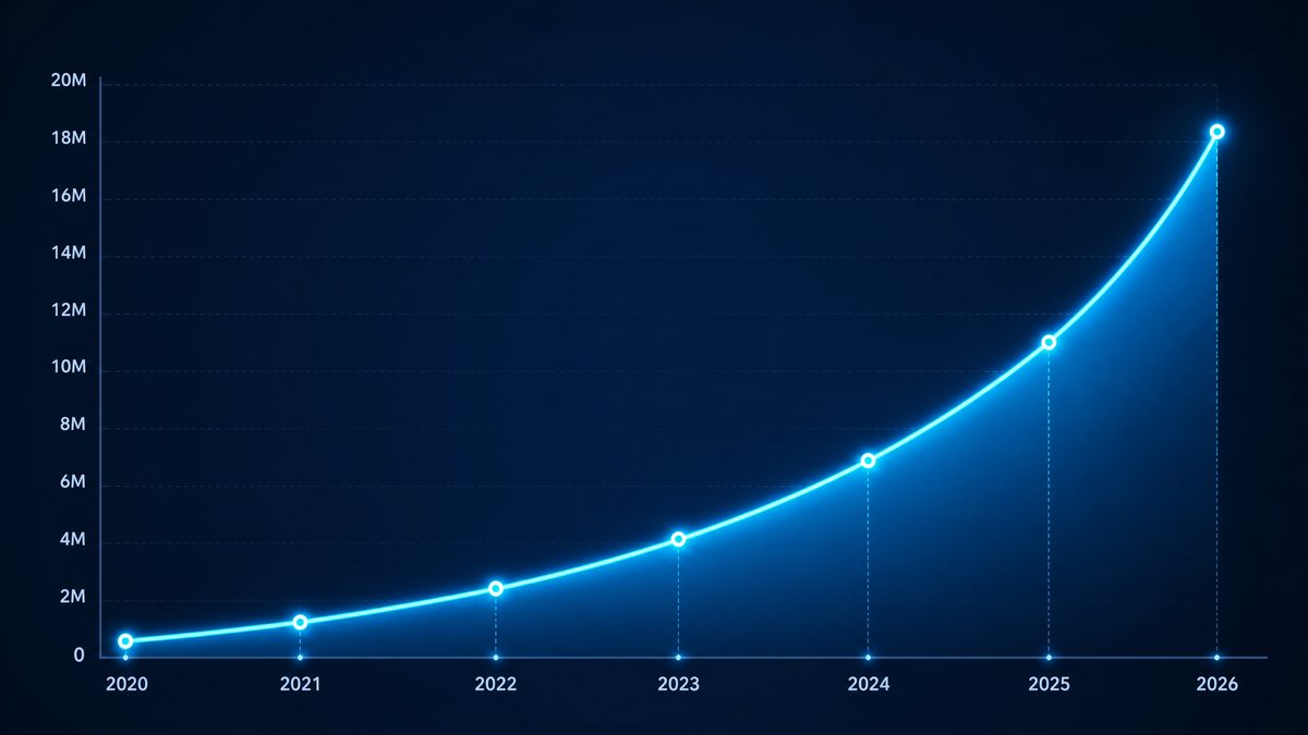 av网站用户增长数据图表,展示2020-2026年注册用户从50万增长至1800万的趋势